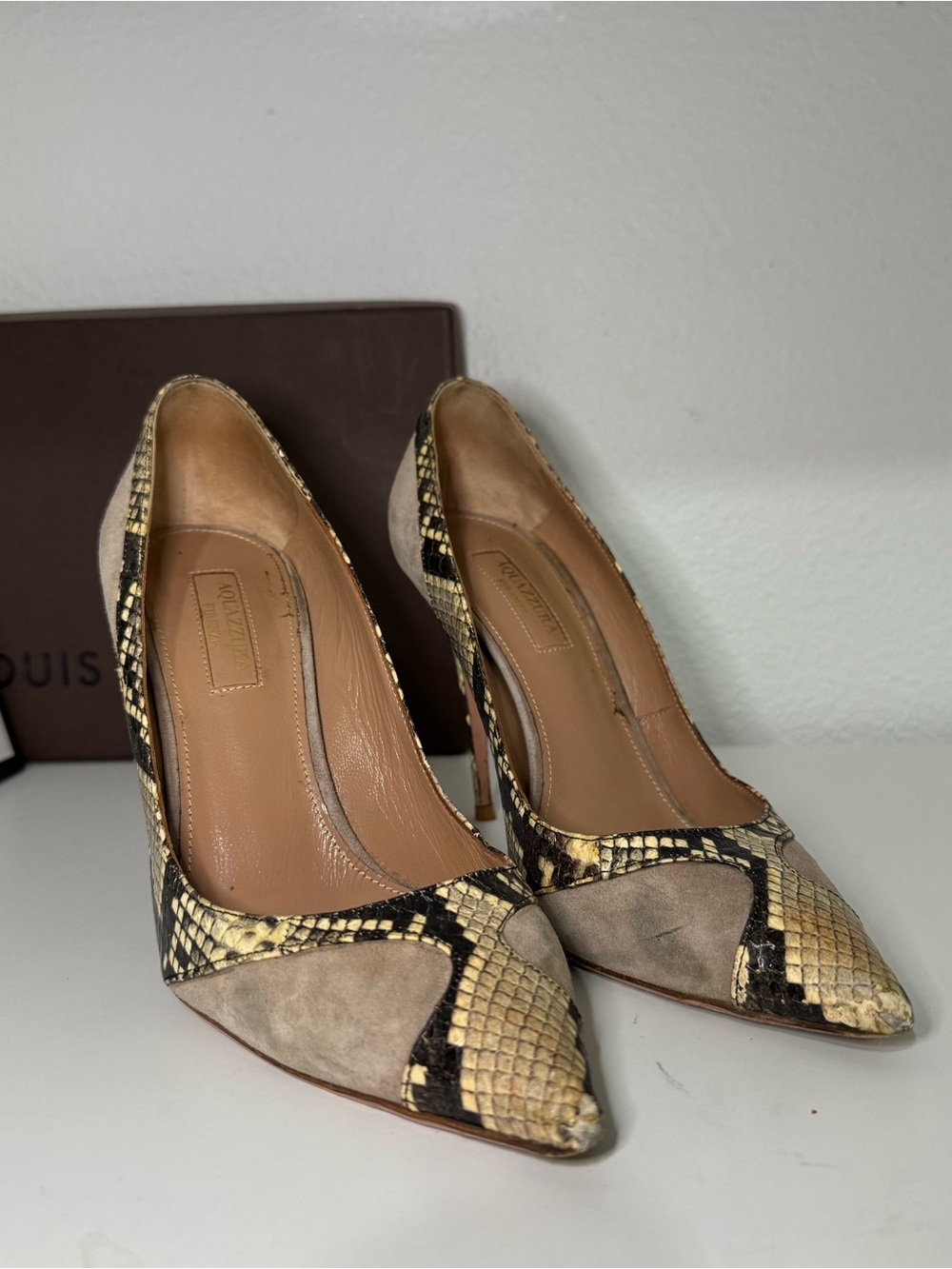 Aquazzura Snakeskin and Taupe Pointed-Toe Pumps